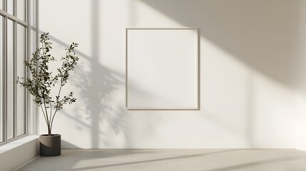 Blank mockup template of a rectangular framed artwork in a minimalist gallery with soft natural light filtering through.