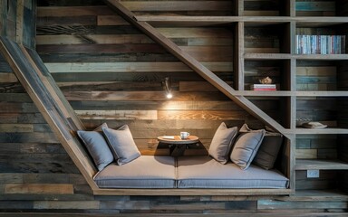 Wall Mural - A room with a couch and a book shelf with a lamp on it.