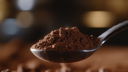 Rich cocoa powder on a spoon, with a blurred background showcasing its premium quality and fine texture