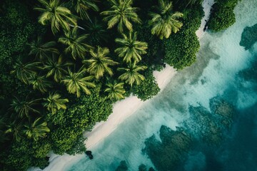 Aerial view of a lush tropical island surrounded by clear turquoise waters and sandy beaches on a sunny day