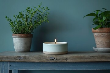 A Burning Candle on a Rustic Wooden Shelf with Two Plants