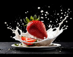 fruit milk strawberry splash isolated berry yogurt food background white falling fresh cream wave ingredient macro liquid design red juicy ripe organic group drink swirl sweet