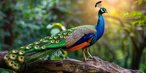 Wall Mural - A vibrant peacock with its beautiful plumage standing on a branch in a forest setting.