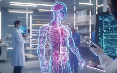 Poster - Anatomical study of a transparent human body model in a modern medical laboratory with professionals examining vital signs and systems
