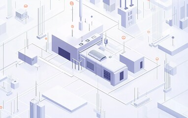 Poster - Modern minimalist urban landscape featuring abstract buildings and infrastructure in light pastel colors with geometric shapes and lines