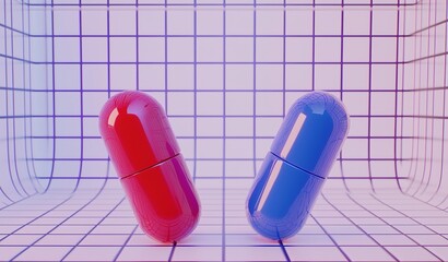 Colorful red and blue capsules placed on a grid background, symbolizing choices and duality in a modern setting