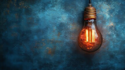 Poster - retro light bulb glowing on a dark blue background.