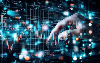 Poster - A hand interacts with a digital stock market screen displaying fluctuating financial data and graphs in a modern trading environment