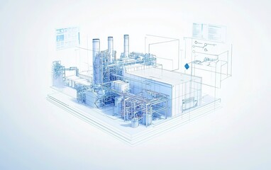 Poster - 3D blueprint of an industrial facility showcasing interconnected systems and equipment for energy production in a modern setting