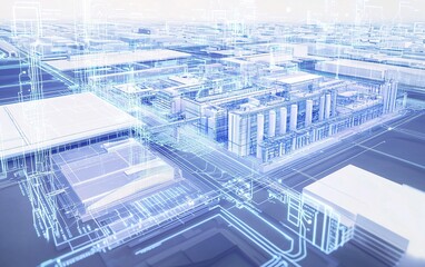 Poster - 3D blueprint of a modern industrial complex showcasing infrastructure and design during daylight hours