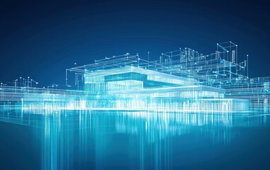 Poster - Architectural blueprint of a modern building showcasing innovative design elements and futuristic technology against a blue background