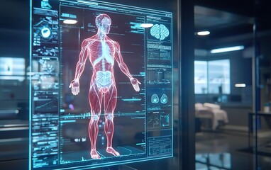 Poster - Detailed holographic anatomy display in a modern medical facility showcasing vital organs and brain activity