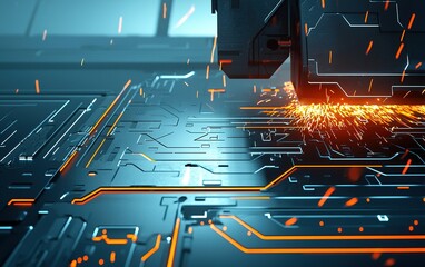 Poster - Precision cutting of a circuit board with bright sparks flying in a modern manufacturing facility