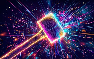 Aufkleber - A colorful digital depiction of a hammer striking, creating sparks and an explosion of vibrant light against a dark background
