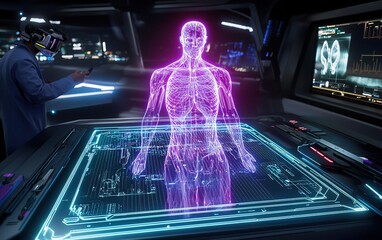 Poster - A futuristic medical examination of a holographic human anatomy in a high-tech laboratory with a researcher observing