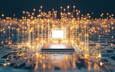 Poster - An illuminated microchip surrounded by glowing circuits and data streams, symbolizing advancements in technology and digital innovation
