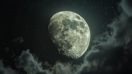 Wall Mural - A bright full moon with craters dominates the sky, surrounded by stars and a sea of clouds below, creating a surreal and mysterious nighttime scene.