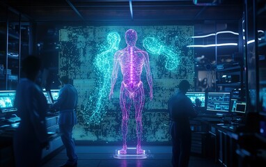 Poster - Advanced holographic display of human anatomy in a high-tech research laboratory during a late-night session