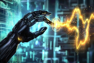 Poster - A futuristic robotic hand reaching out to connect with a glowing energy wave in a high-tech digital environment