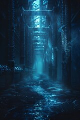 Poster - Underground Futuristic Fuel Refinery with Massive Steel Beams and Glowing Tanks
