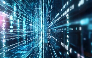 Poster - Abstract representation of digital data streams flowing through a virtual space in a futuristic environment