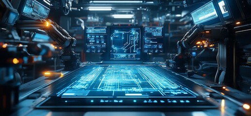 Poster - Futuristic control room interior with robotic arms and digital interfaces.