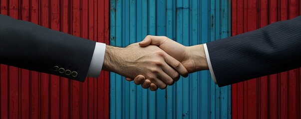 Two hands shake in a business-like agreement against a colorful background, symbolizing partnership and collaboration.