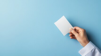 Poster - Minimalist hand holding blank card on soft blue background for creative design use