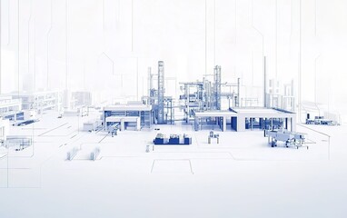 Poster - Modern industrial factory layout in abstract design with outlined structures on a white background, showcasing advanced engineering concepts