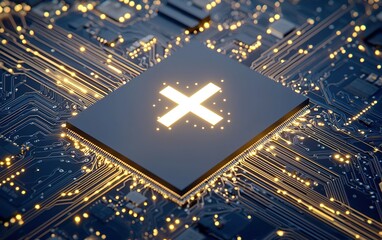 Poster - A close-up view of a microchip illuminated on a circuit board showcasing intricate connections and a glowing symbol at night