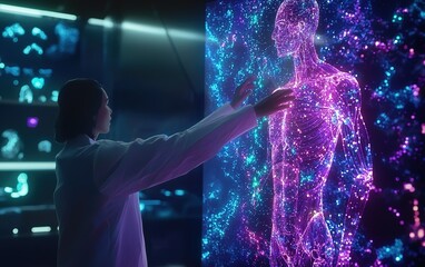 Poster - A scientist interacts with a glowing holographic human figure in a high-tech laboratory during a research session at night