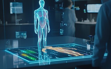 Poster - A futuristic medical analysis with holographic human anatomy displayed in a high-tech laboratory during research