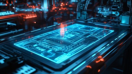 Fototapete - Futuristic factory with a glowing blue circuit board on a production line.