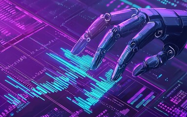 Poster - A robotic hand interacts with digital data display in a high-tech environment showcasing advanced technology and innovation