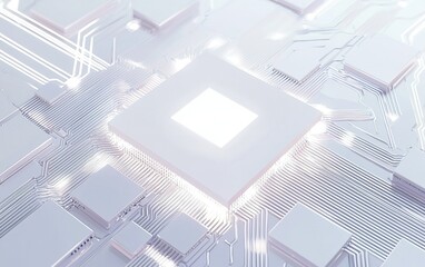 Poster - A close-up view of a modern microchip with intricate circuits and glowing elements on a white background, showcasing advanced technology and design
