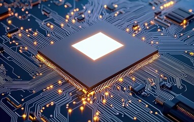 Poster - Close-up view of a glowing microchip on a circuit board with intricate wiring illuminated by tiny lights in a dim environment