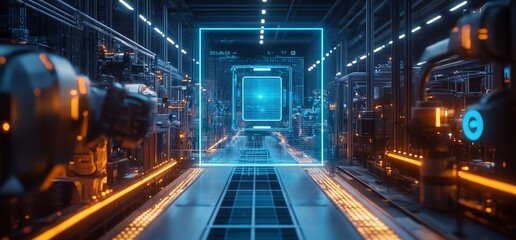 Fototapete - Futuristic factory with glowing blue portal and robotic arms.