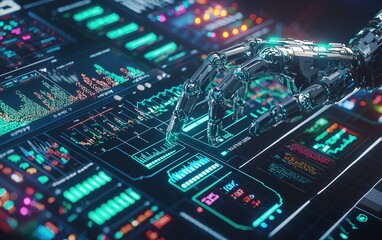 Poster - A robotic arm interacts with a complex dashboard filled with data visualizations and vibrant graphics in a futuristic tech environment