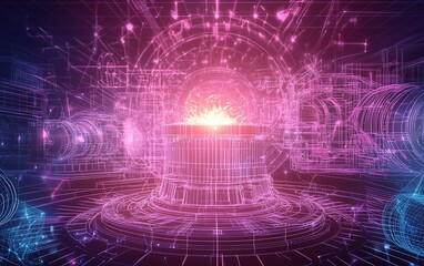 Poster - A vibrant digital representation of an advanced energy reactor in a futuristic laboratory with glowing plasma