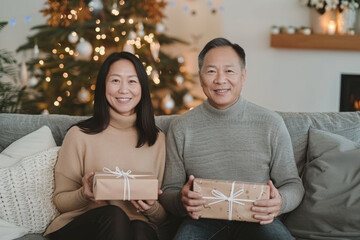 Joyful holiday gathering with family in front of decorated christmas tree