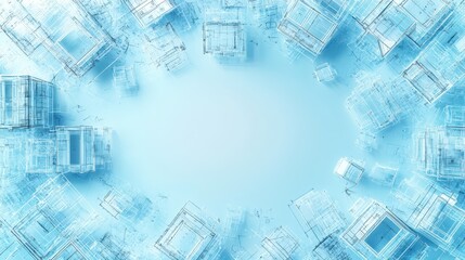 Many house blueprints arranged in a circle on a blue background, real estate