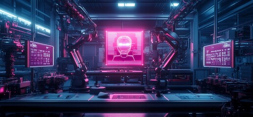Fototapete - Futuristic laboratory with robotic arms and glowing screen displaying a human face, with pink and blue lighting.