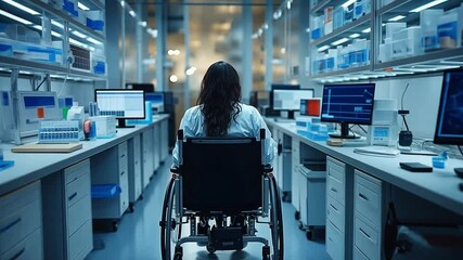 Poster - Researcher in a wheelchair analyzes data in a modern laboratory during evening hours