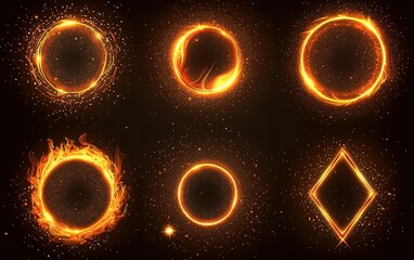 Poster - Illustrations of glowing circular and diamond shapes with fiery effects and sparkles on a dark background