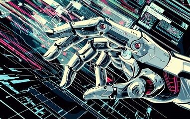 Poster - A futuristic robotic hand interacts with digital interfaces showcasing advanced technology and data representation