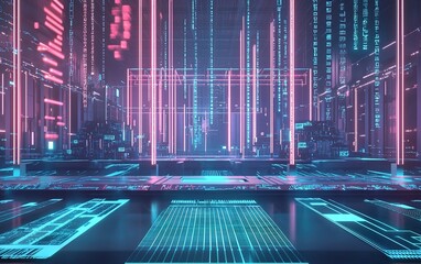 Poster - Futuristic digital landscape with neon lights and abstract patterns in a virtual environment at night