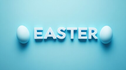 White 3D 'Easter' text with two eggs on a light blue background.