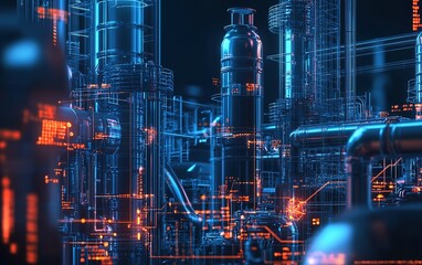 Poster - Futuristic industrial landscape with neon lights showcasing complex machinery and digital networks at night