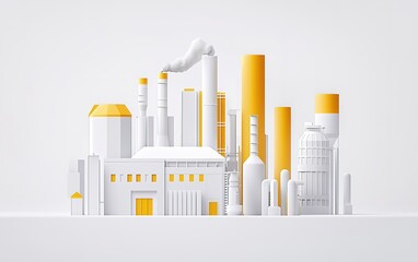 Poster - Stylized industrial landscape featuring white and yellow factory structures with smokestacks and silos on a clean background