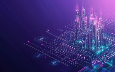 Poster - Futuristic cityscape featuring glowing skyscrapers and intricate technology patterns set against a purple and blue background